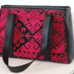 Crimson Heritage Tote – Leather & Embroidered Fabric Bag